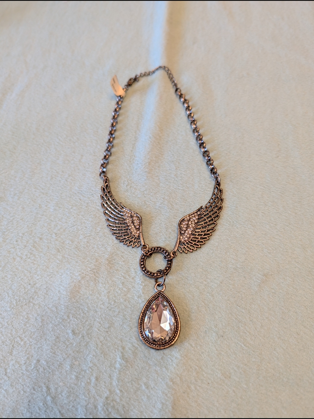 Winged Teardrop Pendant Necklace -  Silver Tone